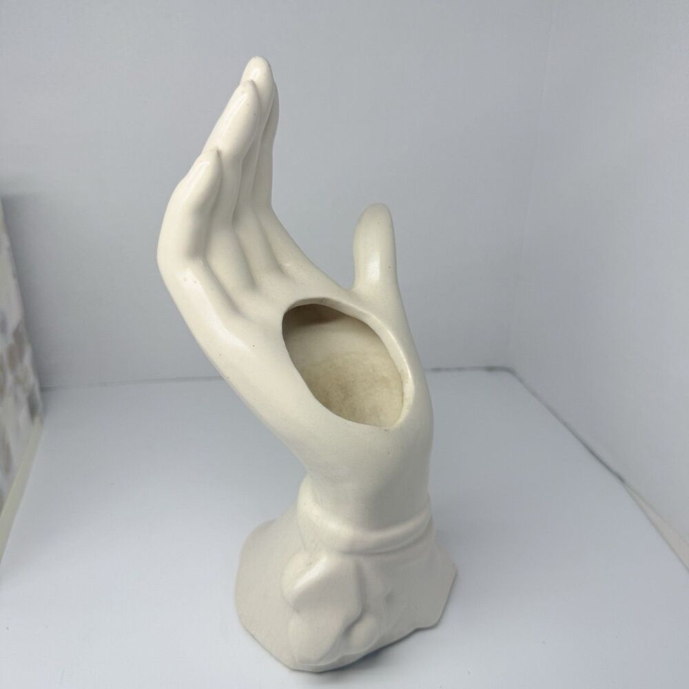 Vintage McCoy Pottery Hand Open Palm White Matte Glaze Vase From The 1940s ￼